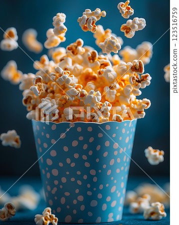 Crispy popcorn snack in a blue polka-dotted bucket for delicious cinema treat. Crispy popcorn snack in a blue polka-dotted bucket for delicious cinema treat. 123516759