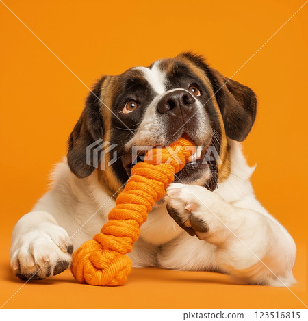Saint Bernard dog with orange toy, cute playful pet on vibrant background, cheerful and friendly theme 123516815