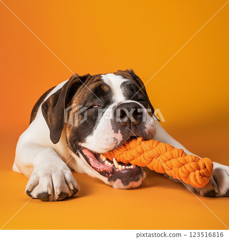 Boxer dog playing with toy, cute canine on orange background, happy and playful pet expression Boxer dog playing with toy, cute canine on orange background, happy and playful pet expression 123516816