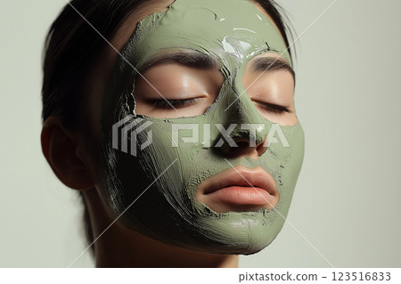 Skincare beauty routine with a woman applying green clay facial mask treatment 123516833