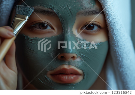 Woman applying a green facial mask for beauty and relaxation with a brush, focusing on skincare and self-care 123516842