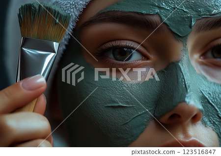 Skincare routine featuring facial mask with brush for beauty and relaxation Skincare routine featuring facial mask with brush for beauty and relaxation 123516847