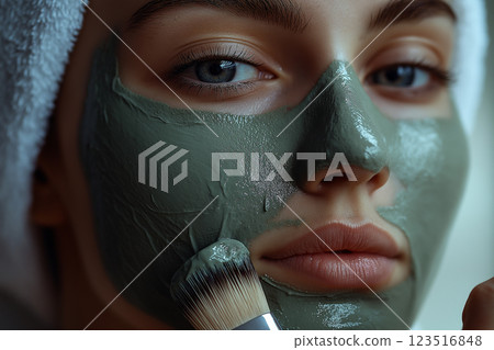 Skincare facial relaxation at spa with beauty mask for pamper and wellness rejuvenate refresh 123516848