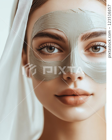 Skincare beauty with facemask for spa and relaxation featuring a serene woman using cosmetics 123516857
