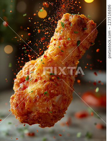Crispy delicious food showcasing spicy fried chicken with a crunchy and savory texture 123516886