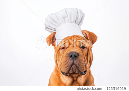 Adorable Shar Pei dog wearing a chef hat in a cute, wrinkled portrait for culinary enthusiasts Adorable Shar Pei dog wearing a chef hat in a cute, wrinkled portrait for culinary enthusiasts 123516919