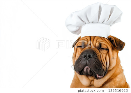 Adorable Shar Pei dog in chef hat, napping cutely with wrinkled brow and charming pet expression Adorable Shar Pei dog in chef hat, napping cutely with wrinkled brow and charming pet expression 123516923