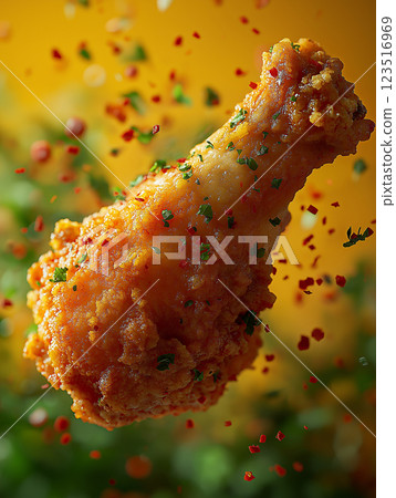 Delicious crispy fried chicken drumstick with garnishes and spices for a savory meal Delicious crispy fried chicken drumstick with garnishes and spices for a savory meal 123516969