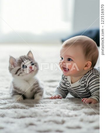Playful kitten and baby smiling cheerfully in a soft and adorable indoor setting Playful kitten and baby smiling cheerfully in a soft and adorable indoor setting 123516970