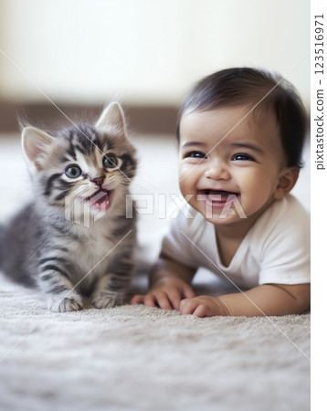 Adorable kitten and baby together with a smile, capturing innocence and friendship in a playful moment Adorable kitten and baby together with a smile, capturing innocence and friendship in a playful moment 123516971
