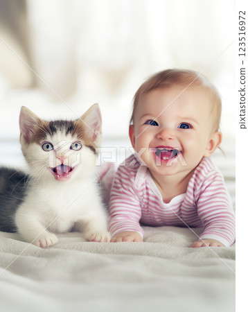 Kitten and baby smiling adorably with joy and cuteness, showcasing a playful and friendly moment. Kitten and baby smiling adorably with joy and cuteness, showcasing a playful and friendly moment. 123516972