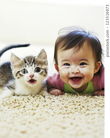 Adorable kitten and baby smile together, showing cute and playful friendship at its best Adorable kitten and baby smile together, showing cute and playful friendship at its best 123516973