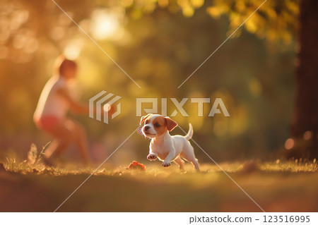Adorable puppy playfully exploring the outdoor scenery with joyful energy 123516995