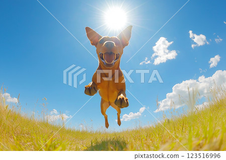 Joyful dog jumping in a sunny field with sky, grass, and an energetic, happy atmosphere Joyful dog jumping in a sunny field with sky, grass, and an energetic, happy atmosphere 123516996