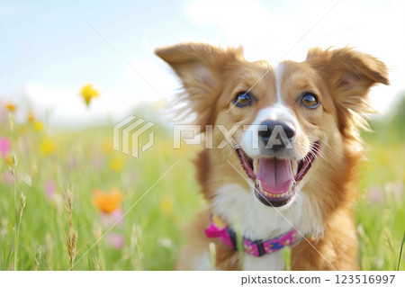 Collie dog with a happy smile in a field during summer, enjoying nature and outdoors. Collie dog with a happy smile in a field during summer, enjoying nature and outdoors. 123516997