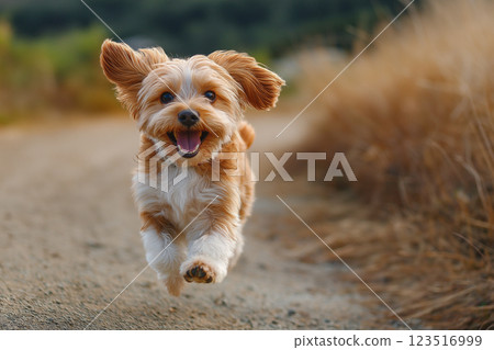Cavapoo dog breed is a happy running pet, cute fur outdoors through the grass and leash 123516999