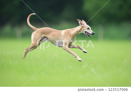 Greyhound dog running with speed and grace in a summer field, showcasing nature and outdoors Greyhound dog running with speed and grace in a summer field, showcasing nature and outdoors 123517006