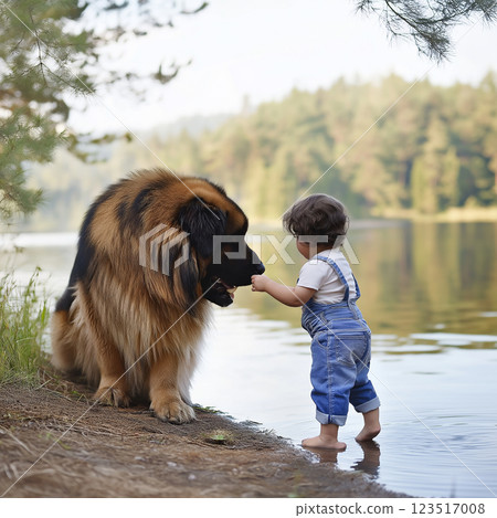 Leonberger dog and child enjoying nature at the outdoor lake, showcasing friendship and adventure Leonberger dog and child enjoying nature at the outdoor lake, showcasing friendship and adventure 123517008