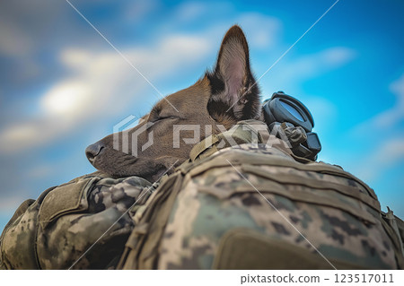 Shepherd dog in military uniform resting outdoors under cloudy sky, a loyal and watchful companion 123517011