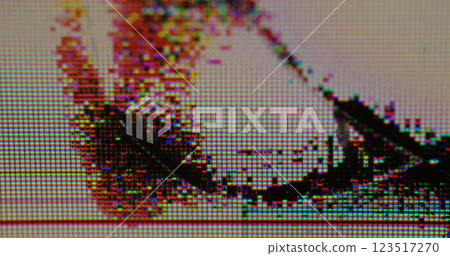 Cracked screen. Damaged TV. Black spot glitch blur spreads across fractured monitor. Distressed glass surface of smartphone computer tablet. 123517270