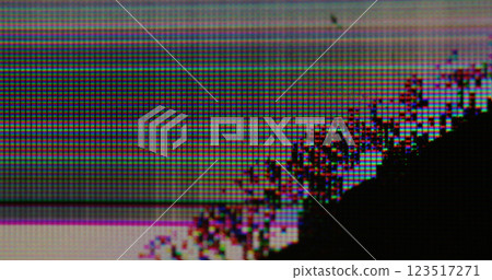 Broken screen. Monitor overlay. Distorted digital channel signal of cracked grain TV display. Glitch blur line pixel grid glowing matrix. 123517271
