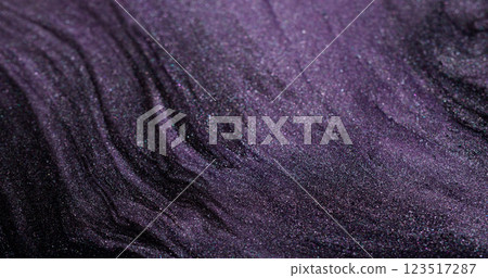 Sparkling texture. Shimmer spill. Wave gray black violet blending ink shiny grain particles flow on dark abstract liquid art background. 123517287