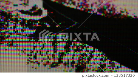 Broken screen. Hole crack. Dirty paint streaks on mesh pixel bokeh glass. Glitch distortion overlay effect on digital rainbow blur flare surface. Broken screen. Hole crack. Dirty paint streaks on mesh pixel bokeh glass. Glitch distortion overlay effect on digital rainbow blur flare surface. 123517320