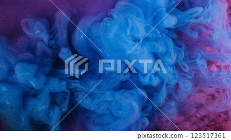 Creative color vapor. Fog dye water. Defocused blue purple haze fume mist sparkle splash paint ink texture on abstract patterned background. 123517361