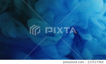 Smoke cloud. Blue haze. Airy poured veil of color wavy blur swirls. Fantasy texture with soft puff billow paint in water abstract background. 123517368