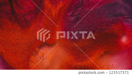 Glitter liquid. Acrylic spill. Colorful paint polish wet texture flow mix shade. Sparkling red purple orange art powder blur abstract background. 123517371