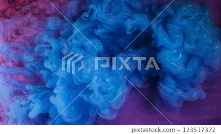 Dye liquid wave. Smoke shine. Defocused blue purple haze fume mist sparkle splash ink paint texture on abstract art patterned background. 123517372