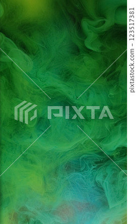 Magical smoke. Acrylic paint. Defocused green blue haze ink texture cloud vapor water fluid liquid flow on abstract art background. 123517381