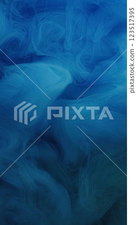 Paint fog. Blue smoke. Airy color veil wavy swirls. Fantasy texture with soft puff billow ink poured in blur water abstract background. 123517395