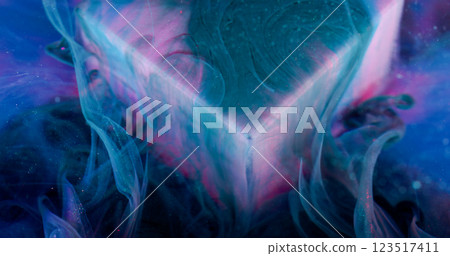 Pigment splash. Ink mist. Blue smoke swirl blend fluid. Color underwater dive crystal cube pink stand abstract blur violet background. 123517411