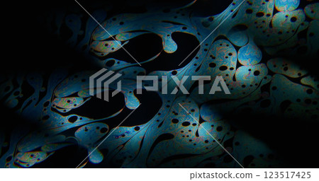 Rainbow fluid. Soap bubble. Gradient lens neon pigment ink blend on art petrol background. Abstract repeat prism blur light color mix. 123517425