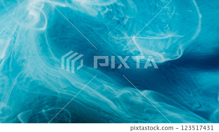 Art cloud. Pigment fog. Blue paint spill swirl abstract background. Fume color dye blob water layer effect emulsion defocused steam. 123517431