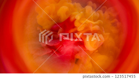 Smoke explosion. Mist flower. Elegant live glow nature rose red orange spray paint circle defocused peach fume water abstract color background. 123517455