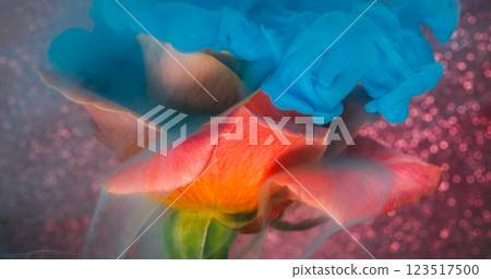 Ink mist. Art flower. Blue color smoke pouring on pink orange rose wet petal drop. Abstract nature defocused cloud glitter water background. Ink mist. Art flower. Blue color smoke pouring on pink orange rose wet petal drop. Abstract nature defocused cloud glitter water background. 123517500