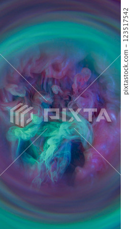 Mist ink. Smoke explosion. Colorful haze emerge wave spill on liquid surface. Fantasy turquoise purple underwater abstract background beam defocused sphere. 123517542
