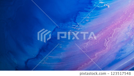 Paint mix. Art emulsion. Blur pink blue purple shimmering stream liquid powder texture gel pigment particles leak abstract background. 123517548