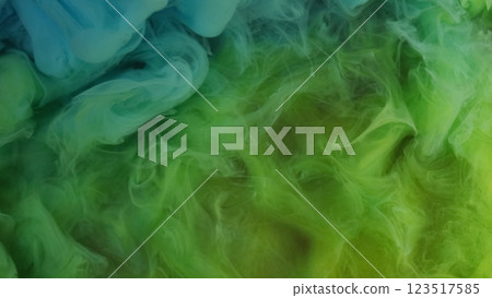 Haze wave. Colorful fog. Puff cloud stream yellow green mix ink in storm swirling flow. Airy defocused curling smoke paint with mystical water texture abstract background. 123517585