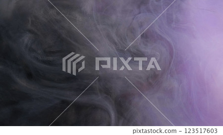 Smoke explosion. Gray fume. Silver grunge fog dispersed over mystical purple surface. Blur abstract background with dark graphite marbling water storm. 123517603
