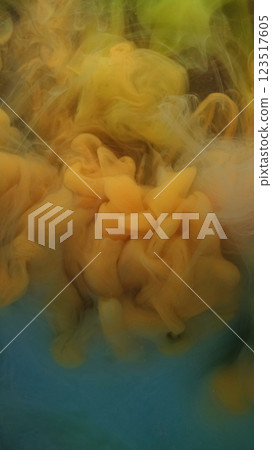 Smoke fluid. Multicolored fog. Orange yellow green soft fume water swirl. Psychedelic cloud abstract background with watercolor veil blurred ink haze. 123517605