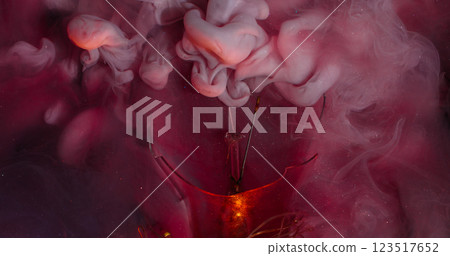 Multicolor smoke. Glitter cloud. Defocused pink paint stream shimmering water surface. Chaotical art liquid fantasy swirling blast abstract background. 123517652