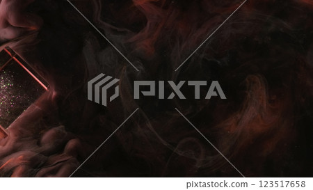 Smoke veil. Dark haze. Mystical ink swirls curls on night abstract background glass cube. Atmospheric flow of translucent colored gaseous water streams blur effect. Smoke veil. Dark haze. Mystical ink swirls curls on night abstract background glass cube. Atmospheric flow of translucent colored gaseous water streams blur effect. 123517658