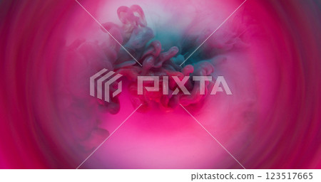 Art fluid. Paint haze. Pink purple gray sparkling pigment wave burst. Mystic spill sand neon mist in water defocused round shape background. 123517665