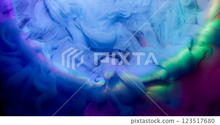 Color fog. Paint smoke. Whimsical blue luminosity wave dye liquid neon glowing mixing on dark abstract background water defocused circle lens. Color fog. Paint smoke. Whimsical blue luminosity wave dye liquid neon glowing mixing on dark abstract background water defocused circle lens. 123517680