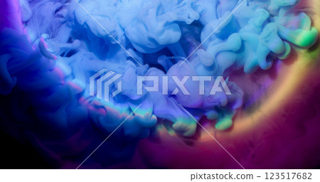 Smoke explosion. Round lens. Blue violet purple neon ink haze neon flow fantasy spreading in fluid. Beam rainbow light abstract background. 123517682
