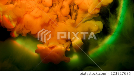 Mist ink. Smoke explosion. Colorful haze emerge wave spill on artistic fluid surface. Fantasy blur water abstract background neon beam round arch. Mist ink. Smoke explosion. Colorful haze emerge wave spill on artistic fluid surface. Fantasy blur water abstract background neon beam round arch. 123517685