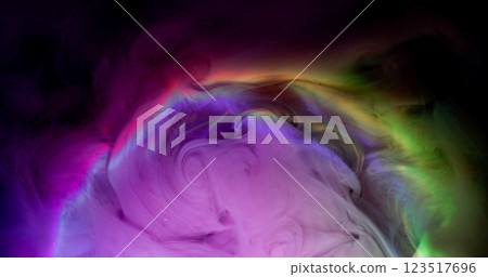 Ink vapor. Haze mix. Purple mist dye shot explosion on multicolor round art liquid surface. Mystic neon smoke water abstract background. Ink vapor. Haze mix. Purple mist dye shot explosion on multicolor round art liquid surface. Mystic neon smoke water abstract background. 123517696
